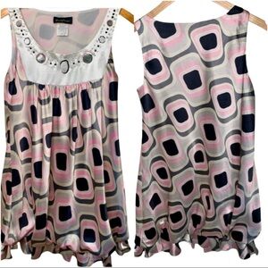 HANNAH BANANA Embellished Retro Print Dress Mod 70’s Bubble Hem Sleeveless 14